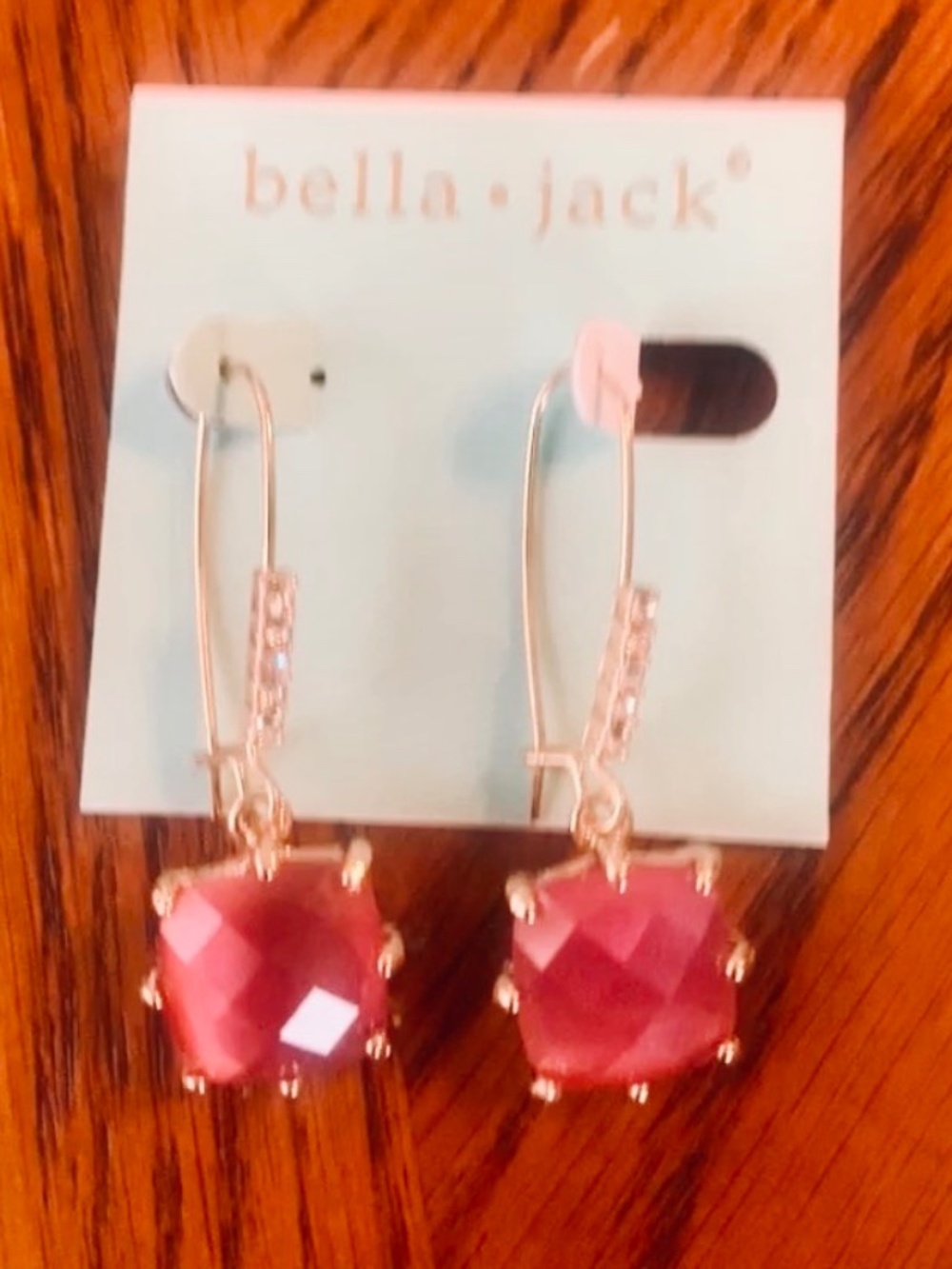BELLA JACK DANGLE EARRINGS Gold With Pink Crystal & Small Clear Crystals, NWT